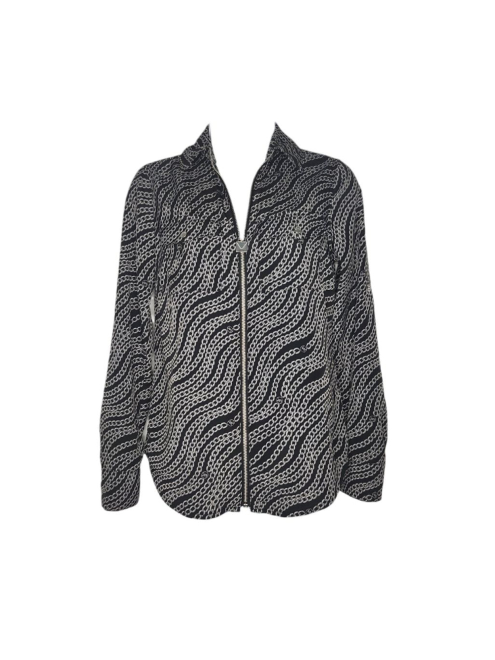 Women's Michael Kors Black & Silver Chain Print Full Zip Shirt XXS
